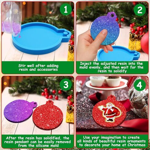 FEBSNOW 4PCS Christmas Ornaments Resin Molds Round Silicone Resin Ornaments Molds with Strings Epoxy Pendant Casting Molds Resin Molds Silicone for DIY Crafts Making Holiday Xmas Home Decor, Blue in Kuwait