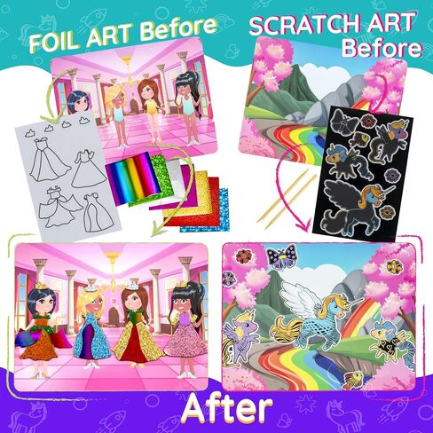 Craftikit ® الحائز على جائزة يونيكورن والأميرة فويل الفن وفن خدش قوس قزح للأطفال - مجموعة الفنون والحرف 2 في 1 للأطفال من سن 4 إلى 10 - حرف يونيكورن للفتيات من سن 4، 5، 6، 7، 8، 9، 10 in Saudi Arabia