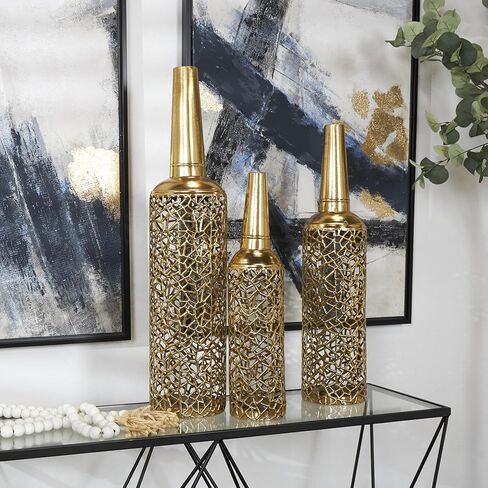 The Novogratz Metal Decorative Vase Abstract Patterned Centerpiece Vases with Open Frame Design, Set of 3 Vases for Home Decoration 30, 25, 21" H, Gold in Kuwait
