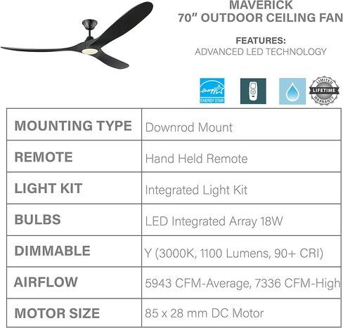 مروحة سقف Monte Carlo 3MAVR60BSD Maverick Modern Energy Star مقاس 60 بوصة مع ضوء LED وجهاز تحكم عن بعد يدوي، 3 شفرات من خشب البلسا، فولاذ مصقول in Kuwait