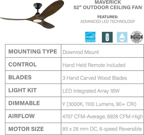 مروحة سقف Monte Carlo 3MAVR60BSD Maverick Modern Energy Star مقاس 60 بوصة مع ضوء LED وجهاز تحكم عن بعد يدوي، 3 شفرات من خشب البلسا، فولاذ مصقول in Saudi Arabia