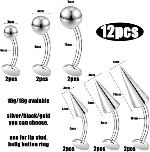 PunkTracker 12Pcs Flat Back Belly Button Ring Belly Rings Surgical Steel Belly Button Piercing Tiger Tooth Lip Rings Monroe Labret Studs Jewelry in Kuwait