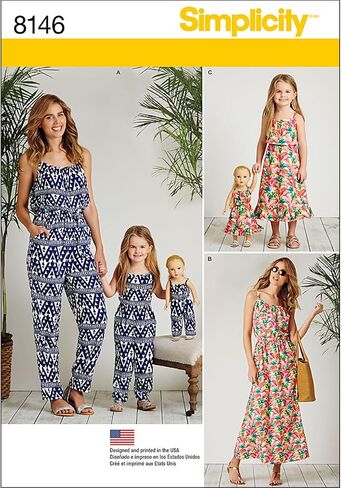 مجموعة Simplicity 8146 المتطابقة لبدلة Misses وChild and Doll ونمط خياطة فستان طويل، XS-XL in Saudi Arabia
