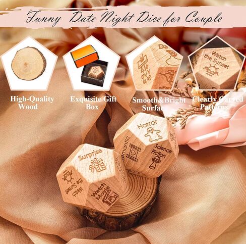 2PCS Date Night Dice for Couples, Valentine's Day Gifts for Husband Wife Boyfriend Girlfriend Him Her, 12-Side Date Night Ideas Wooden Activity Decision Dirty Dice, Bride Groom Gifts for Women Men in Saudi Arabia