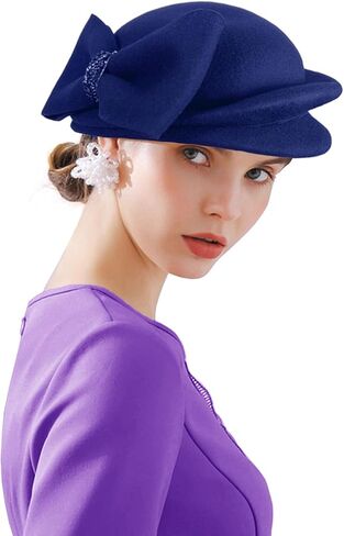 قبعة بولر كلاسيكية للنساء من ار زد تي ايه مصنوعة من الصوف بنسبة 100% مع غطاء من اللباد المنقوش، قبعة فيدوراس بتصميم كلاسيكي من فيدوراس الكنيسة Fascinator B1 - ابيض، مقاس واحد, أبيض, One Size in Kuwait