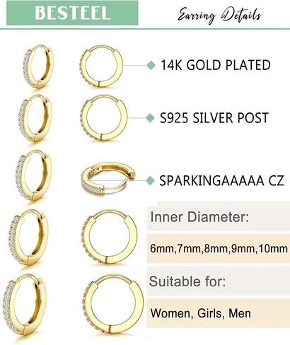 BESTEEL 5 Pairs Small Sterling Silver Hoop Earrings Set for Women Lightweight Tiny Huggie Hoops Silver Mini Cartilage Earrings Pack Hypoallergenic Ear Piercing in Saudi Arabia