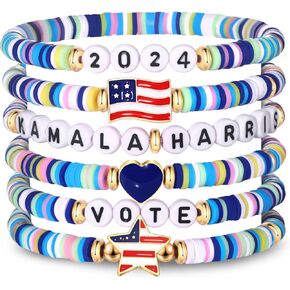Kamala Harris 2024 Bracelet Vote USA Flag Stars Blue Beaded Stretch Bracelet Election Day Kamala Voting Bracelet 2024 Presidential Election Jewelry for Political Gifts