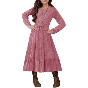 MITILLY Girls Fall Boho Dress Kid Long Sleeve Tween Casual Ruffled Hem Swing Loose Flowy Tiered Midi Dress with Pockets
