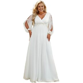 Ever-Pretty A Line V Neck Long Sleeves Applique Ruched Chiffon Plus Size Maxi Formal Evening Dresses for Curvy Women 00461-DA