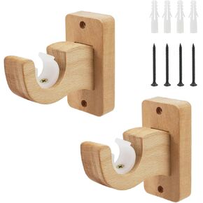 MY MIRONEY 2Pcs Double Wood Curtain Rod Bracket Hardware Curtain Rod Hooks Wooden Curtain Rod Holders Wall Mounted Drapery Rod Hangers for 0.83" to 1" Rods