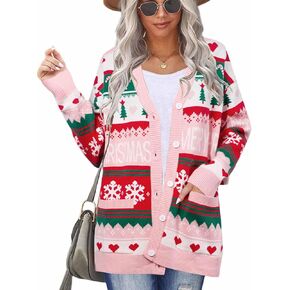 Ugly Christmas Cardigan Sweaters for Women Button Down Sweaters with Pockets Open Front Knit Cardigan Funny Sweater
