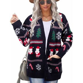 Ugly Christmas Cardigan Sweaters for Women Button Down Sweaters with Pockets Open Front Knit Cardigan Funny Sweater