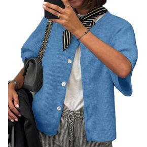 ICNGLKSND Women's Short Sleeve Cardigan Button Down Open Front Round Neck Shrug Knit Solid Color Tops