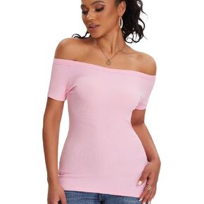 ASAIR Off Shoulder Tops for Women Boat Neck T Shirts Short Sleeve Ribbed Basic Trendy Stretchy Tops
