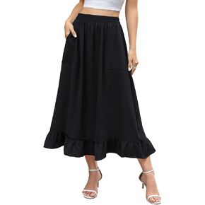Berydress Women's Midi Skirts with Pockets Elastic High Waist Flowy Swing A Line Casual Tiered Ruffle Skirt