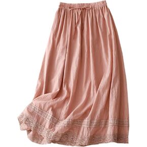 SANGTREE Women's Lace Cotton Linen Skirt Drawstring Waist A Line Beach Flowy Long Skirts