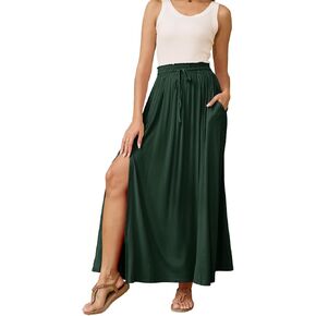 Women’s Maxi High Elastic Waisted Skirt Flowy A-Line Split Hem Beach Long Skirts for Women with Pockets
