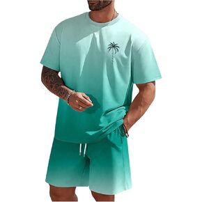 Men's 2 Piece Outfits Short Sleeve Tropical Graphic Tees Tops and Drawstring Casual Shorts Set