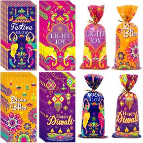 Konsait Happy Diwali Gift Bags, 100 Pack Cellophane Treat Bags with Ties Cookie Bags for Packaging Diwali Gift Bag 4 Designed Candy Bags for Indian Diwali Festival Party Favors