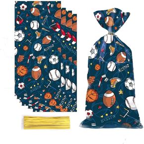 LLK 50 Pieces Sport Party Treat Bags Baseball Cellophane Bags Soccer Football Basketball Goodie Bags Sports Treat Bags with 50 Pieces Twist Ties for Birthday Sport Party Favor Supplies