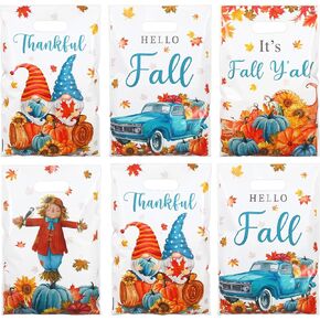 Seajan 100 Pcs Thanksgiving Plastic Bags Fall Cellophane Bags Autumn Plastic Treat Bags Die Cut Handle Bags Pumpkins Maple Leaves Plastic Candy Bags Fall Harvest Gift Bags Goodie Bag for Party Favor
