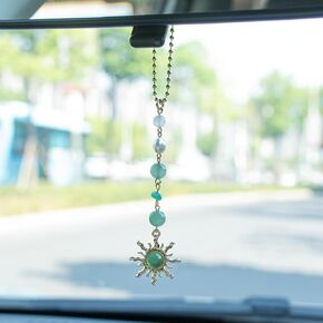 Sun Hanging Car Decor, Rear View Mirror Accessories, Cute Boho Car Accessories for Women, Handmade Car Charm, Natural Crystals Stones Car Ornament (Pink Stone)