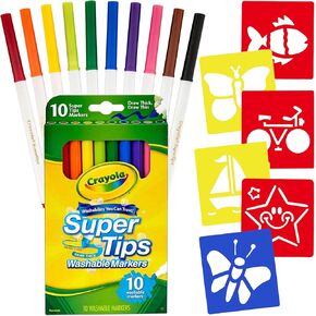 The Mega Deals Super Tip Markers,10 Markers for Kids, Washable Markers, Perfect for Arts and Crafts, Coloring Markers with 4 Stencils for Kids Included, Art Supplies for kids