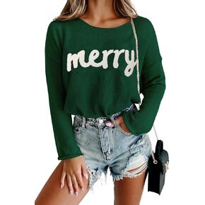 Women Merry Christmas Sweater Long Sleeve Xmas Knitted Top Funny Holiday Graphic Pullover Tops 2024 Trendy