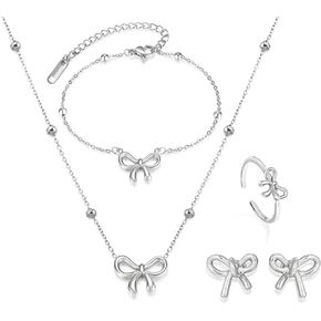 Bow Necklace Earrings Bracelet Set Bow Jewelry Set for Women Bowknot Pendant Chain Necklace Ribbon Stud Earrings Coquette Stuff Accessories Christmas Gifts