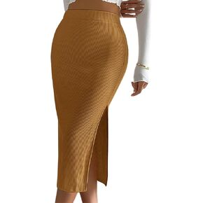 Women's Casual Midi Ribbed Knit Skirt with Side Slit Stretchy Work Business Casual Pencil Pull-On Skirts in Saudi Arabia