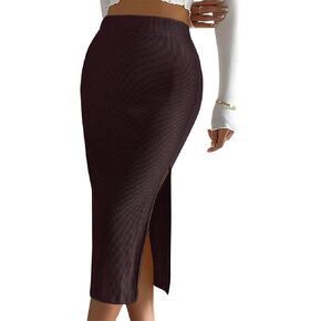 Women's Casual Midi Ribbed Knit Skirt with Side Slit Stretchy Work Business Casual Pencil Pull-On Skirts