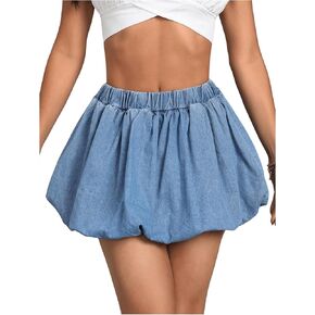 Verdusa Women's Y2k Denim Bubble Skirt Ruched A Line Flared Mini Skirts