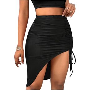 Floerns Women's High Waist Asymmetrical Hem Midi Skirts Side Split Drawstring Ruched Skirt