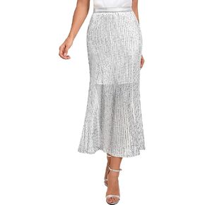 Ficerd Women's Sequin Bodycon Midi Skirt with Zipper Lining Long Mermaid High Waist Sparkly Party Skirts 2024 Trendy (S-3XL)