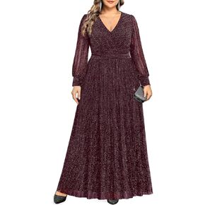 Pinup Fashion Women Plus Size Formal Dresses - Evening Gowns Long Sleeve Wedding Guest Glitter Prom Long Dress