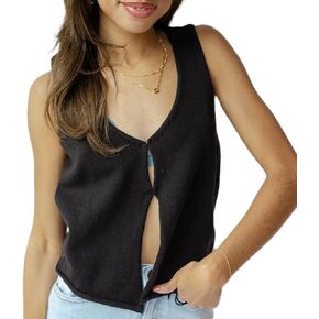 Women Y2K Knit Vest Tops Sleeveless V Neck Hook Eye Button Down Crotchet Crop Top Raw Hem Tank Top Summer Vacation