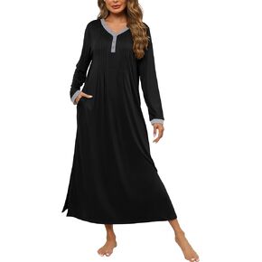 Women's Long Sleeve Nightgown Pleated Long Sleepwear V Neck Sleepshirts Full Length Loungewear with Pockets