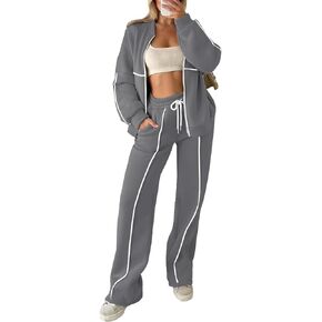 Womens Two Piece Outfits Casual Long Sleeve Tracksuit Lounge Matching Set Zip Up Sweatshirt Jacket Wide Leg Sweatpants