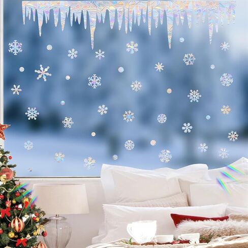 Christmas Snowflake Window Clings for Glass Windows Static Cling Snow Window Decals Anti-Collision Winter Window Stickers for Bird Strikes Vinyl Stickers Suncatcher Rainbow Stickers in Saudi Arabia
