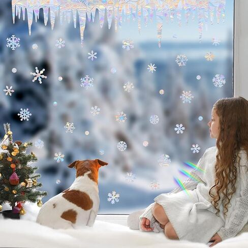Christmas Snowflake Window Clings for Glass Windows Static Cling Snow Window Decals Anti-Collision Winter Window Stickers for Bird Strikes Vinyl Stickers Suncatcher Rainbow Stickers in Saudi Arabia