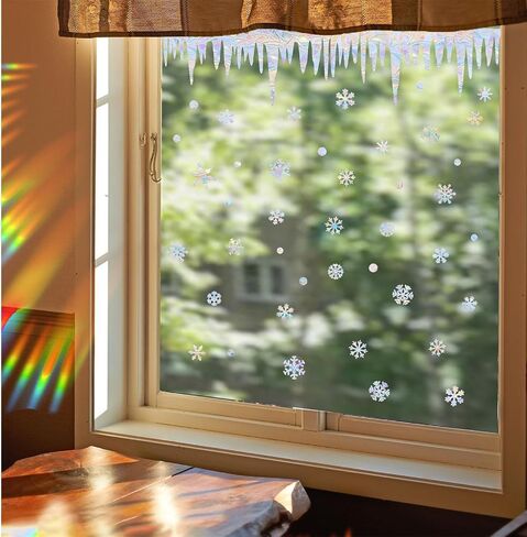 Christmas Snowflake Window Clings for Glass Windows Static Cling Snow Window Decals Anti-Collision Winter Window Stickers for Bird Strikes Vinyl Stickers Suncatcher Rainbow Stickers in Saudi Arabia