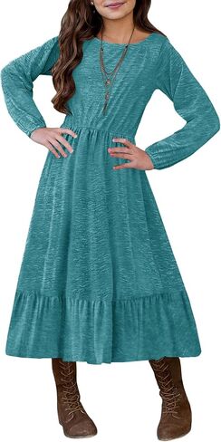 MITILLY Girls Fall Boho Dress Kid Long Sleeve Tween Casual Ruffled Hem Swing Loose Flowy Tiered Midi Dress with Pockets in Kuwait