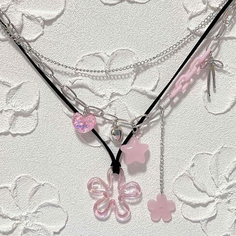 Y2K Necklaces，Kawaii Cutecore Colorful Preppy Aesthetic Choker Flower Necklaces for Women Trendy Stuff In Their 20s in Saudi Arabia
