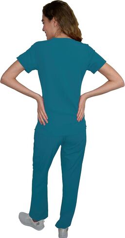 Green Town Scrubs for Women Scrub Set - V-Neck Top and Straight Leg Pant, 5 Pockets, Easy Care, Solids and Prints Uniforms -Navy/Indigo-Large Petite in Saudi Arabia