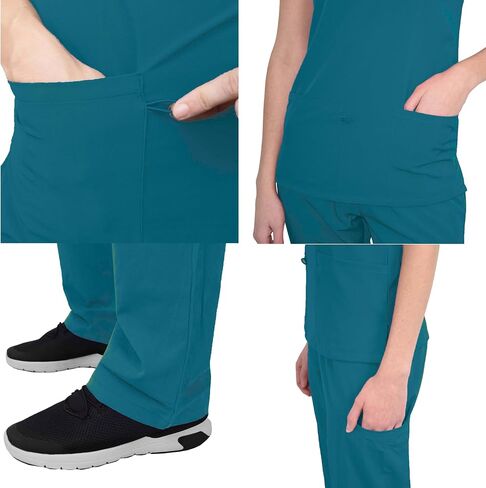 Green Town Scrubs for Women Scrub Set - V-Neck Top and Straight Leg Pant, 5 Pockets, Easy Care, Solids and Prints Uniforms -Navy/Indigo-Large Petite in Saudi Arabia