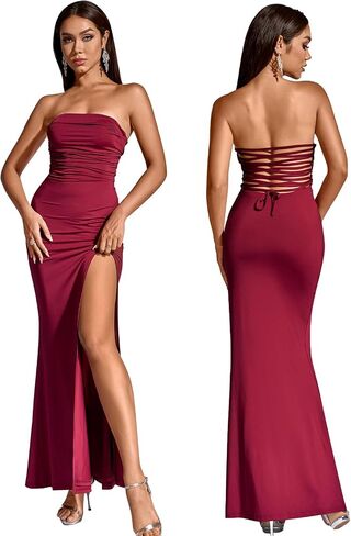 HTZMO Womens Tube Top Strapless Slit Bodycon Maxi Dress Sexy Tie Back Wedding Guest Party Long Dresses in Saudi Arabia