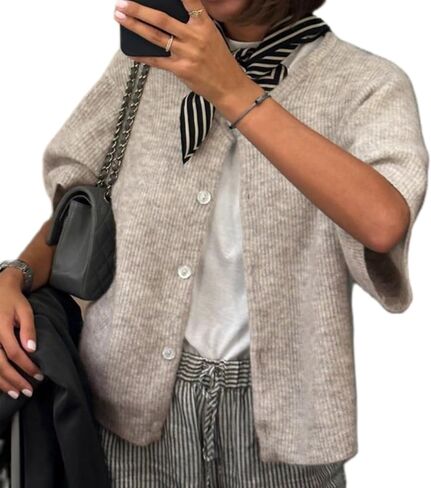 ICNGLKSND Women's Short Sleeve Cardigan Button Down Open Front Round Neck Shrug Knit Solid Color Tops in Kuwait