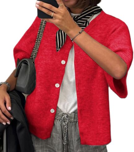 ICNGLKSND Women's Short Sleeve Cardigan Button Down Open Front Round Neck Shrug Knit Solid Color Tops in Kuwait
