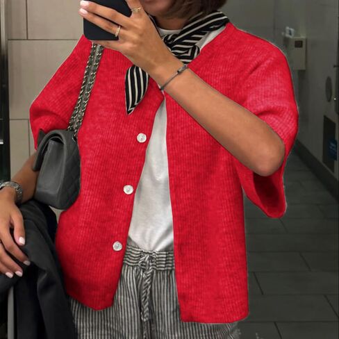ICNGLKSND Women's Short Sleeve Cardigan Button Down Open Front Round Neck Shrug Knit Solid Color Tops in Kuwait