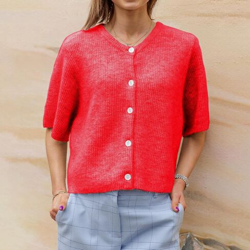 ICNGLKSND Women's Short Sleeve Cardigan Button Down Open Front Round Neck Shrug Knit Solid Color Tops in Kuwait